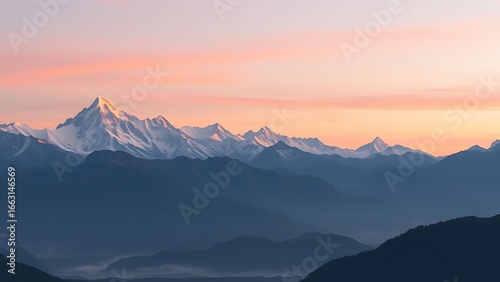 Majestic mountain range at sunrise with soft pink and orange hues over snowy peaks and misty valleys.