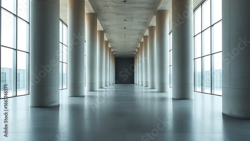 Vast architectural space with smooth concrete columns and diffused natural light, symmetrical and minimalist.