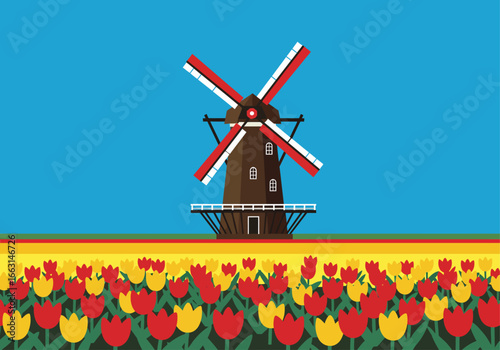A classic Dutch windmill stands tall amidst a vibrant field of red and yellow tulips under a bright blue sky.