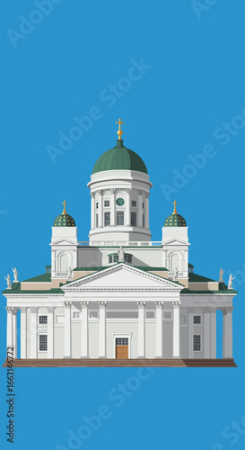 Front view illustration of the iconic Helsinki Cathedral, a white neoclassical church with green domes in Finland.