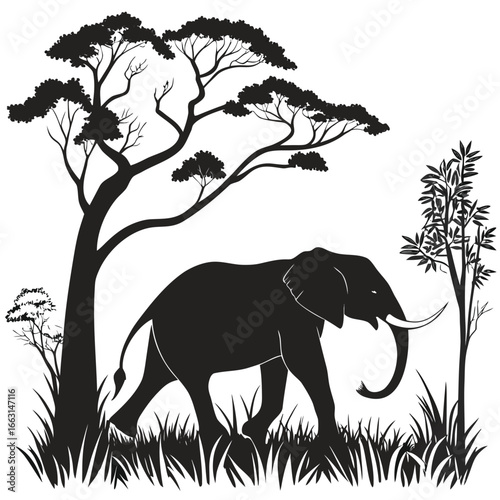Elephant in jungle clearing silhouette