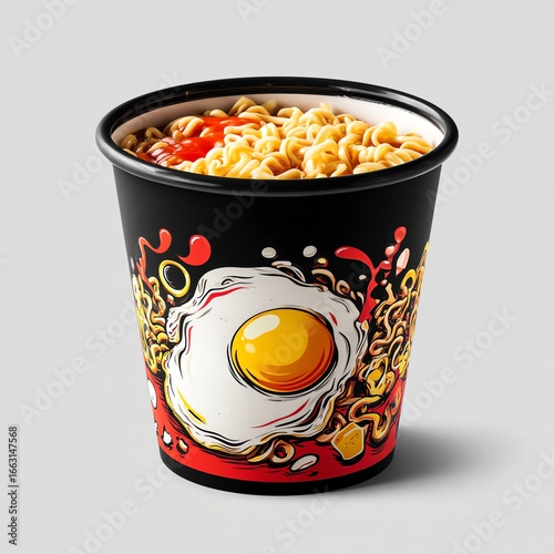 Cup of instant noodles with ketchup and egg illustration on a black cup.