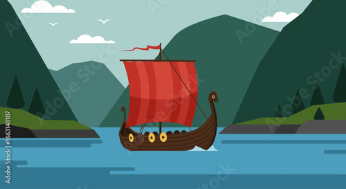 A cartoon Viking longship with a red sail navigates a calm blue fjord surrounded by towering green mountains under a clear sky.