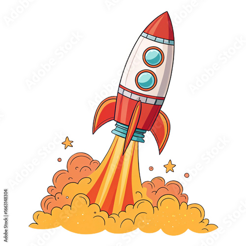 Cartoon style rocket ship on transparent background for kids illustrations, space posters, startup branding and educational projects