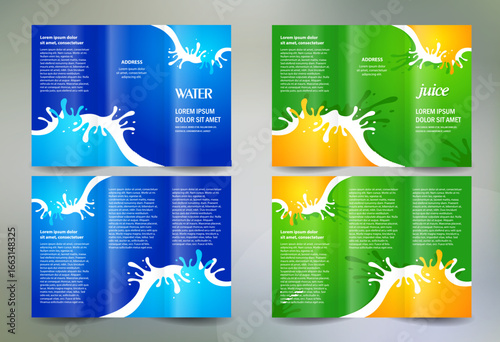 Business brochure set design template tri-fold water aqua blue, juice splash orange drops element