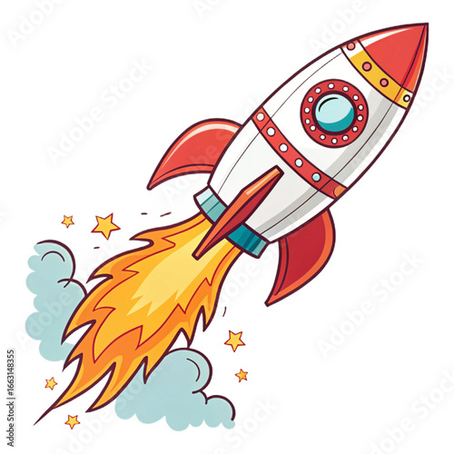 Cartoon style rocket ship on transparent background for kids illustrations, space posters, startup branding and educational projects