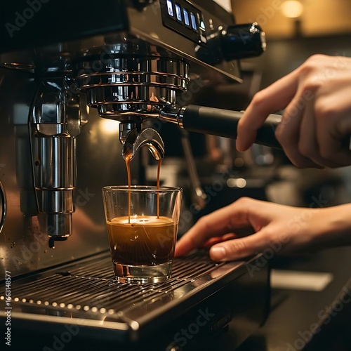  a barista's hands operating an espresso machine. Two shots of dark, rich espresso are pouring from the spouts into a glass cup. The focus is on the action and the texture of the coffee, with the mach