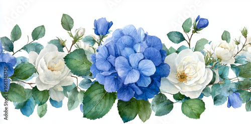 Blue & White Watercolor Floral Border Presents elegant, artistic design. Perfect for wedding invites, card designs, and social media banners.