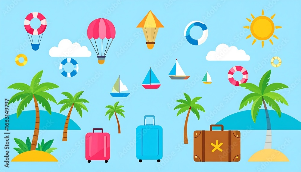 Fototapeta premium Cartoon travel icons on blue background