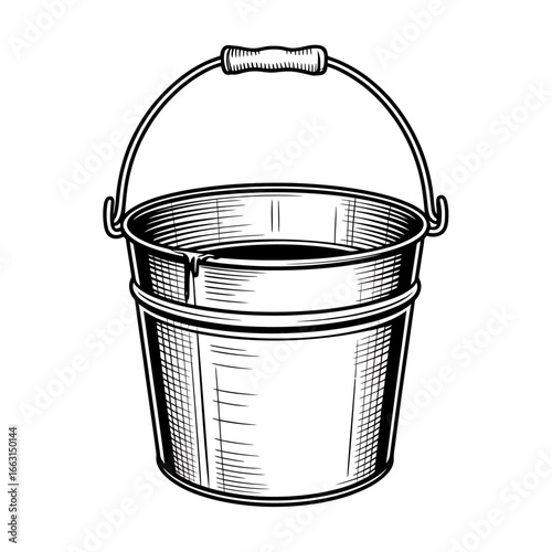 Vintage Style Bucket Isolated on White Background Detailed Illustration for Gardening Cleaning or Farm Themes Design Element Black and White