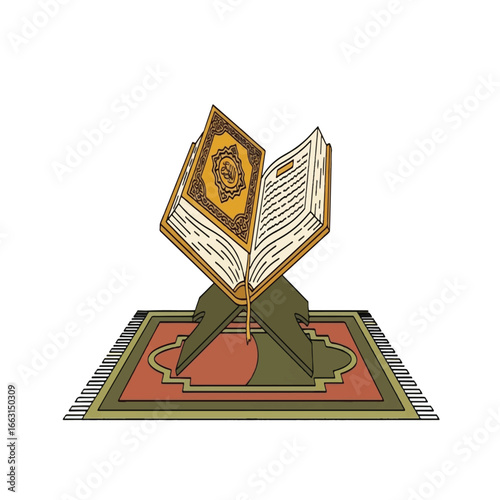 Open Quran on a wooden stand atop a prayer rug.
