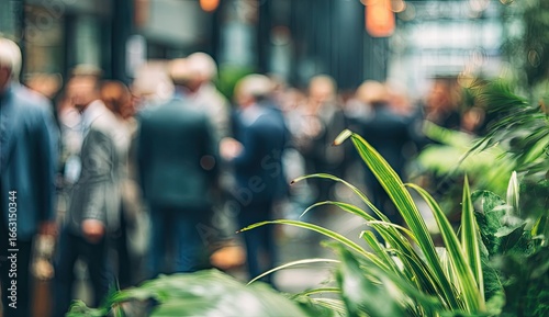 Blurred image of a networking event in an urban setting, with lush greenery in the foreground