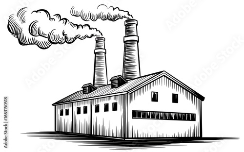 Industrial Factory with Chimneys Illustration Depicting Production and Environmental Concerns Black and White Sketch