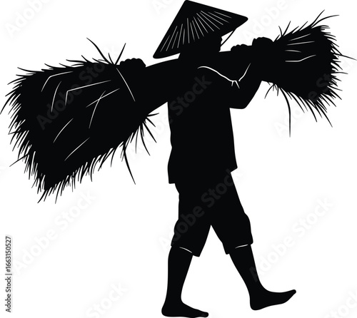 Farmer silhouette, conical hat, carrying crops, rural labor, traditional agriculture, rice harvest, Southeast Asia, vector illustration, cultural scene