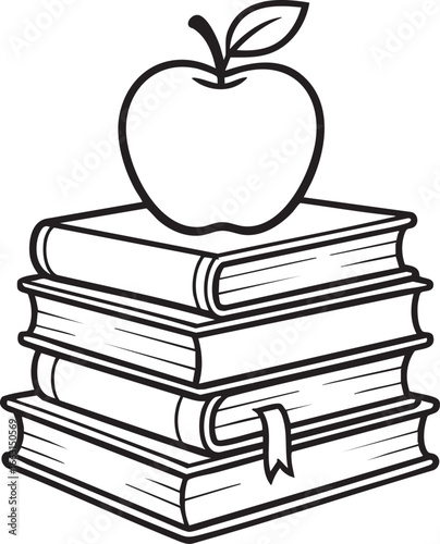 Black and white illustration of stacked books with apple on top and ribbon bookmark symbolizing education and learning