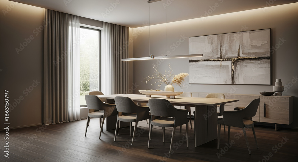 Fototapeta premium Elegant dining room with modern lighting and large table 