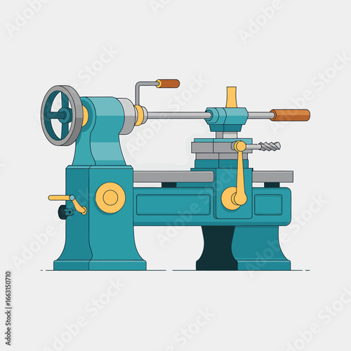 Detailed Lathe Machine Illustration Featuring Hand Wheels and Operational Levers for Precision Metalworking and Manufacturing Processes