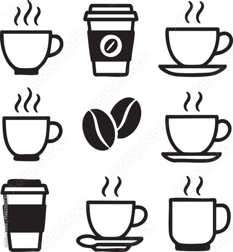 Black and white coffee icon set with steaming cups, takeaway mugs and beans in minimalist 3x3 grid for café and UI design