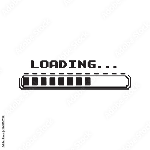 Retro pixel art loading bar and text. Vintage 8-bit video game screen interface, computer progress indicator vector illustration.
