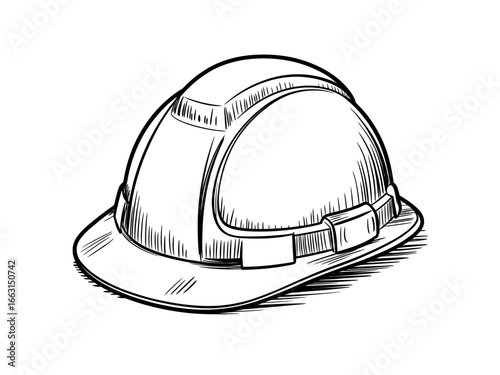 Hand drawn illustration of a construction helmet for safety on a white background showing details in lines and shadows