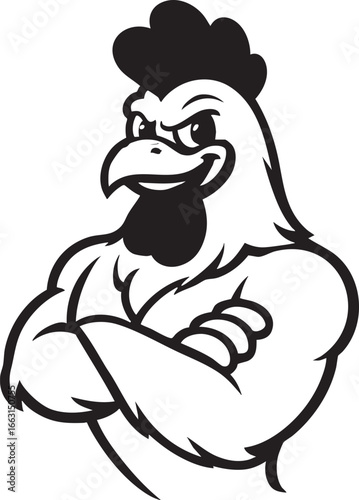 Black and white cartoon rooster with muscular arms, confident expression and money gesture in bold mascot-style illustration