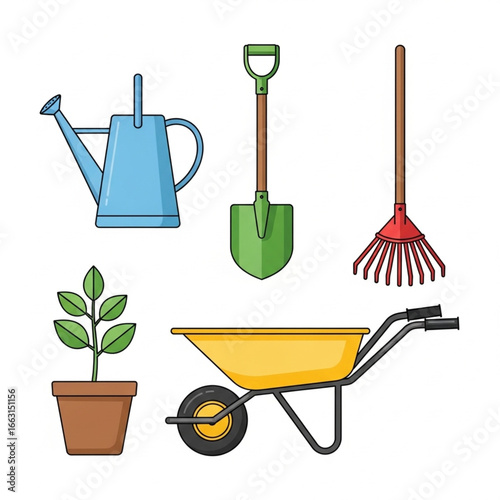 Gardening tools and plant in a pot illustration, featuring watering can, shovel, rake, wheelbarrow.