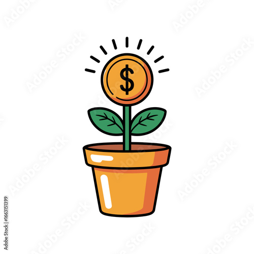 Money plant illustration representing financial growth and investment opportunity suitable for business and economic concepts in a pot on white background