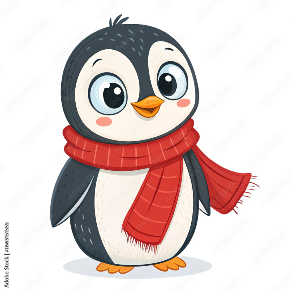 Obraz premium Cute cartoon penguin character on transparent background for winter illustrations, children’s books, festive posters and educational designs