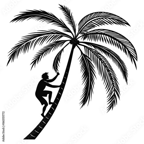 Person climbing coconut tree silhouette