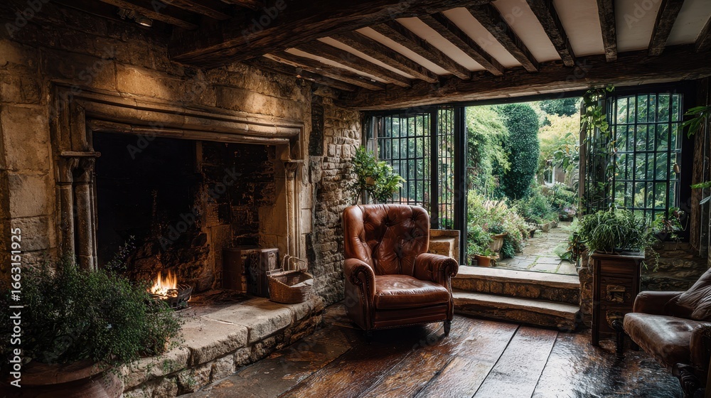 Fototapeta premium Cozy room with stone fireplace and garden view, inviting natural light, rustic style