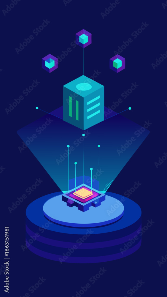 Fototapeta premium Abstract futuristic isometric illustration of data processing and network connections