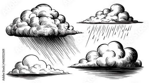 Detailed Hand Drawn Ink Clouds with Rain Graphic Design Weather Illustration Black and White Atmospheric Elements for Background