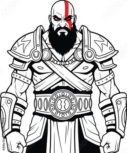 A powerful black and white vector illustration of a mythological warrior, depicting a fierce and determined character with a thick beard, heavy armor, and a bold red mark, perfect for gaming.
