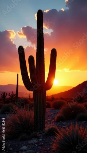 Saguaro cactus silhouette against setting sun, New Mexico , Sonoran, mountain, silhouette