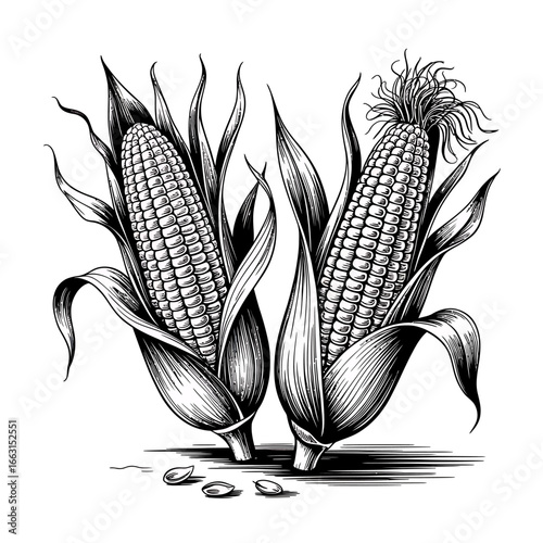 Engraved Corn on the Cob Illustration Featuring Detailed Husks and Kernels Perfect for Agriculture Themes and Food Related Graphics