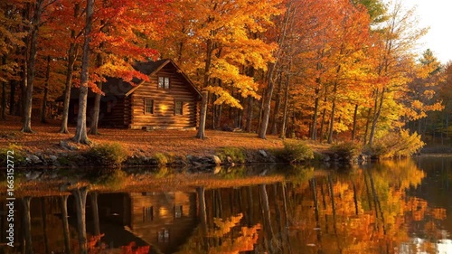 Autumnal cabin nestled beside a tranquil lake, vibrant fall foliage surrounding it.