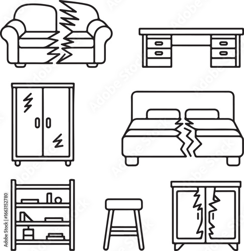 Furniture Wear & Tear Line Art Icon Set Torn Couch, Splintered Desk, Broken Bed, Scratched Wardrobe, Damaged Stool, Fractured Shelving, Cracked Cabinet