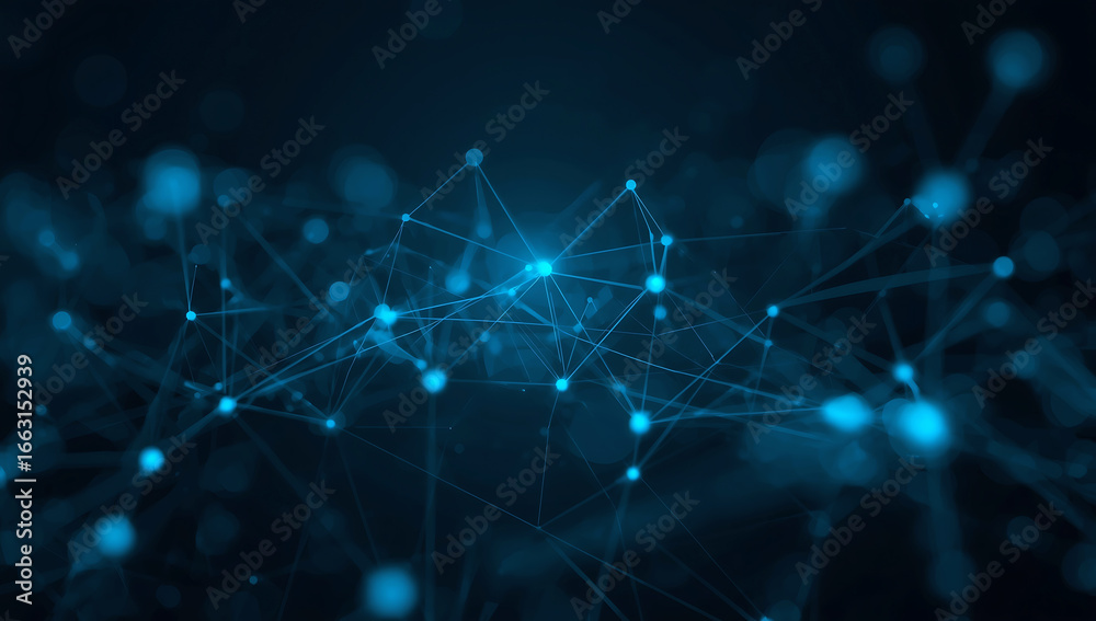 Fototapeta premium Abstract glowing blue network of interconnected nodes and lines representing digital connections and data flow