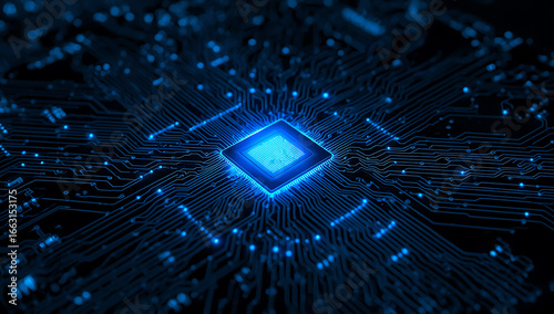 Abstract glowing blue digital circuit board with a central luminous processor chip representing technology and data flow