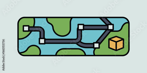 A cartoon map showing a delivery route with black roads and a brown package on green landmasses