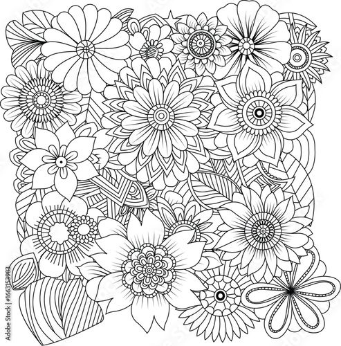Intricate floral arrangement coloring page for adults featuring diverse flowers and leaves white background