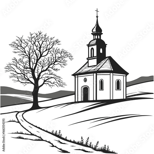 Chapel in snowy valley silhouette