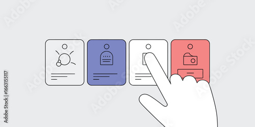 Hand selecting icon on interface with sun person folder icons in white blue and red on gray background