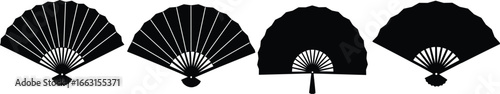 Hand fan silhouette set, traditional fan vector, cultural accessory icons, scalloped edge designs, black fans, decorative illustration, heritage graphic