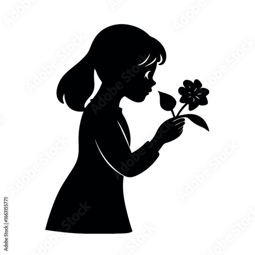 Girl smelling flower peaceful nature silhouette Vector illustration