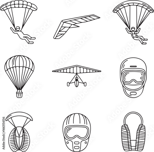 Hand-Drawn Extreme Air Sports Icon Pack – Skydiving, Paragliding, Hang Gliding, Hot Air Balloon, Ultralight Aircraft, Safety Gear