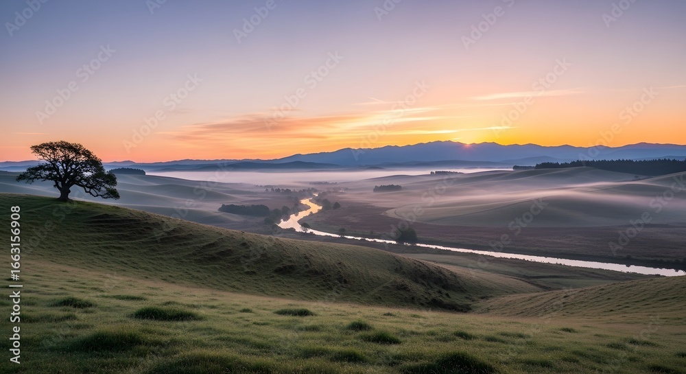 Fototapeta premium Picturesque landscape featuring a river winding through misty hills at sunrise