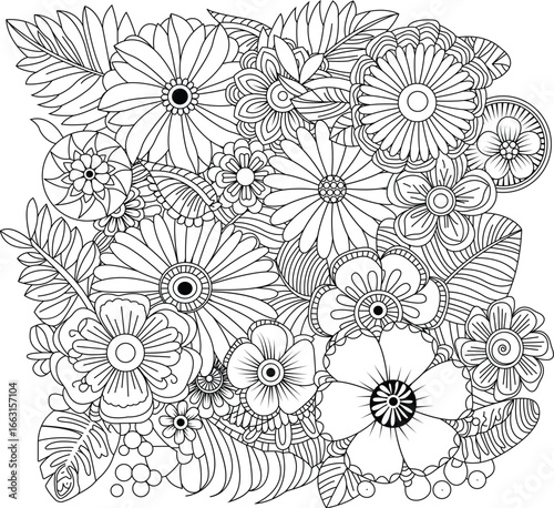 Intricate floral pattern detailed line art for coloring and design projects white background