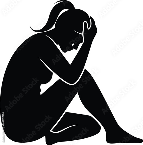 Silhouette of a sad woman sitting with her head in her hands, , conveying feelings of sadness, depression, and loneliness