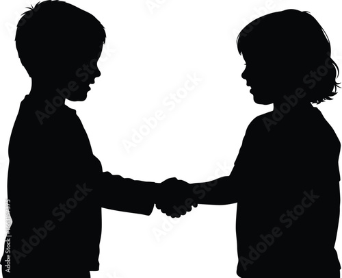 Silhouette of two children shaking hands, , symbolizing agreement, friendship, and cooperation in a moment of connection
